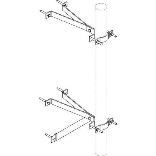 Nello 12" clearance galvanized wall mount. Upper & Lower bracket - 12" wide. Support mast can be 2-4" O.D. Includes four 1/4" x 2" lag screws for mounting.