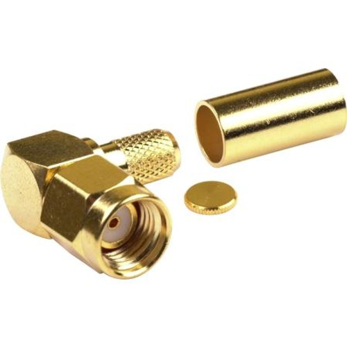 RF INDUSTRIES SMA male right angle connector *REVERSE* POLARITY for RG58, RG141, Times LMR195 cables. Gold plated body, gold plated pin. Crimp.