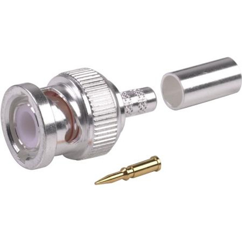 RF INDUSTRIES BNC male connector for RG58/U, RG58A/U, RG141 and Ultralink cable. Silver plated body, gold pin. Crimp center pin, crimp on braid.
