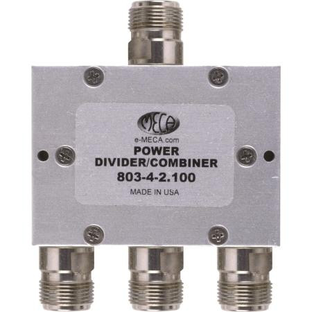 MECA 1.5-2.7 GHz three-way power divider. 20 watts. 1.15 typical VSWR. 20dB min. isolation between ports. N-female connectors.