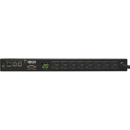 TRIPP LITE Single-Phase Monitored PDU, 20A 120V, 1U horiztonal rackmount, 8 NEMA 5-15/20R outlets, NEMA L5-20P input with 5-20P adapter.