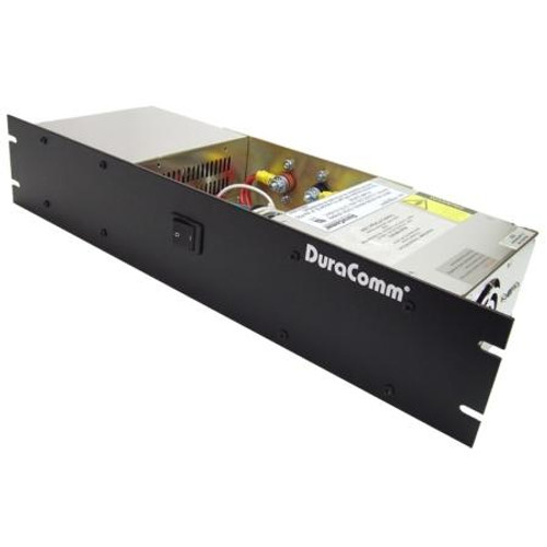 DURACOMM rack mount power supply. 110/220 VAC input, 48-57 VDC adjustable output. 12 Amps peak, 10 Amps continuous. 3-1/2" rack size.