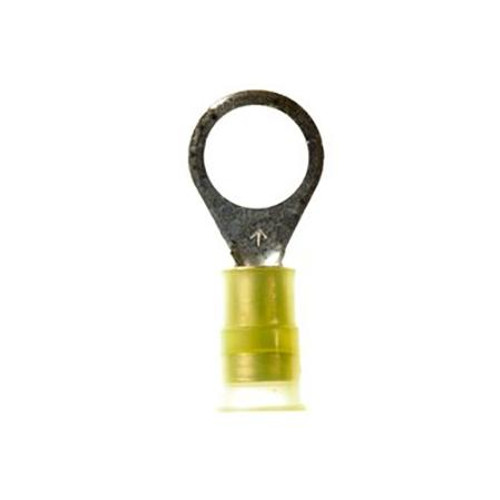 3M Nylon insulated ring terminal for wire sizes 12-10 ga. and 3/8" size stud or screw. Brazed seam. 50 per bottle.