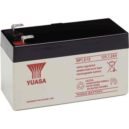 YUASA sealed lead acid battery. 12 Volt, 1.2 Ah. Tab fasteners for connecting cables.