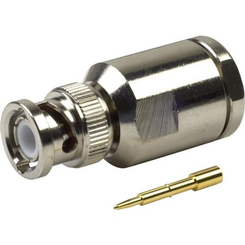 RF INDUSTRIES BNC male connector for RG8, RG8A & RG213 cables. UG-959A/U. Nickle plated body with gold solder (.100) center pin, clamp on braid.