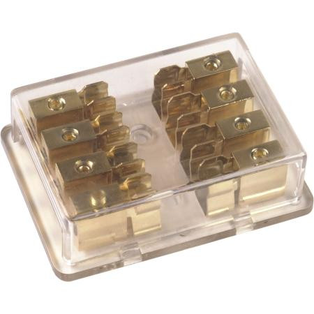 TYPHOON Gold plated AGU fuse block. Clear acrylic cover. Accepts four 8 ga cables in, four 8 ga cables out. Use with AGU fuses. 24K gold plating.