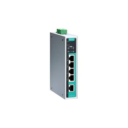MOXA 5 port unmanaged PoE+ switch. 5 10/100/1000BaseT ports, aluminum IP30 enclosure. 0 to 60C temperature range. 24-48VDC input voltage.