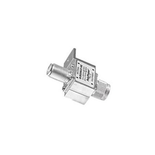 POLYPHASER Bulkhead DC Blocked Lightnng Arrestor for 50-700 MHz with N Female surge side and N Male protected side.