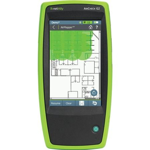 NETSCOUT AirCheck G2 Wireless Tester with external directional antenna, auto charger, and holster.