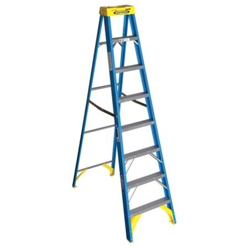 WERNER 8' Step Ladder; 250' lb Heavy Duty Fiberglass Step Stool; Large Molded Top Slip Resistant Foot Pads; ANSI Type I; Base Spread 53-1/2"