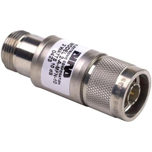 BIRD RF coaxial attenuator. 2 watts 10dB nominal attenuation. Male N to female N connectors. .