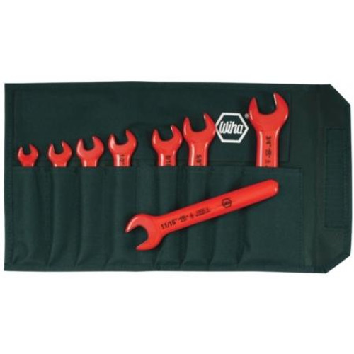 WIHA 8 PC Insulated wrench set includes open face wrench sizes 5/16, 3/8, 7/16, 1/2, 9/16, 5/8, 11/16, 3/4. In a roll up pouch.