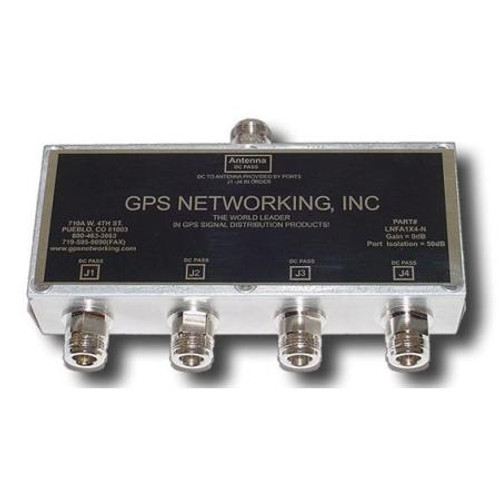 GPS NETWORKING Low Noise Filtered Amplified GPS Splitter is a one input, four output device with 0dB nominal gain.