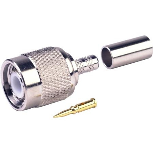 RF INDUSTRIES TNC male connector for RG58/U, RG58A/U, RG141 and Ultralink cable. Nickle plated body, gold pin. Crimp center pin, crimp on braid.
