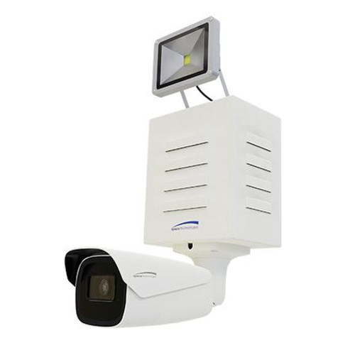 SPECO Indoor/Outdoor Digital Deterrent box with built-in light, 4MP IP bullet with Advanced AI & Siren