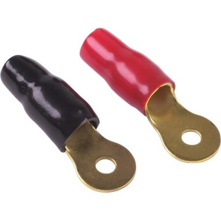 HAINES PRODUCTS 24K gold plated ring term 4ga with # 10 stud size hole. Soft PVC insulation. Pack includes 1 red and 1 black insulated terminal.