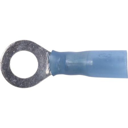 3M 16-14ga heat shrink ring tongue terminal. 1/4" stud size. Shrink insula- tion resists water,salt,corrosion; Pro- vides add'l strain releif.Blue,250/ctn