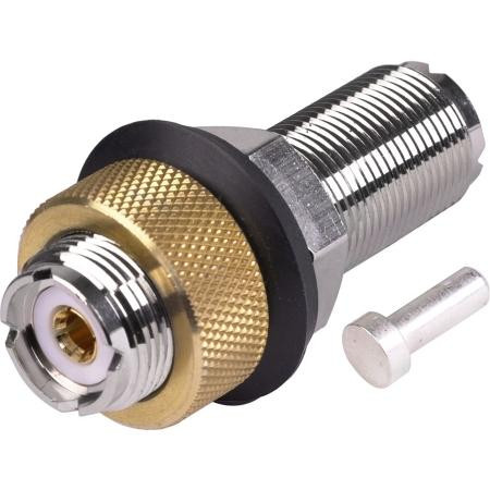 LARSEN bulkhead adapter. Attaches with brass nuts through hole. Both ends terminate with UHF female connectors. For use with PO style antennas.