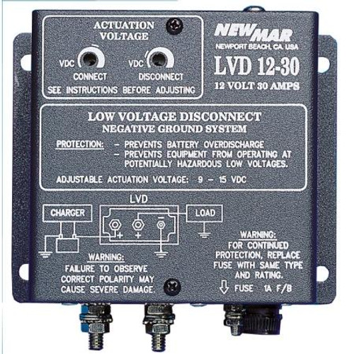 NEWMAR low voltage disconnect continual- ly monitors battery voltage then discon- nects load when it senses a critical low point. 12 VDC 30 AMPS.