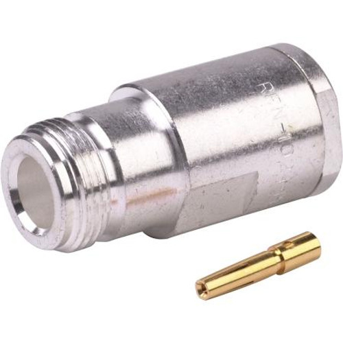 RF INDUSTRIES N female connector for plenum rated Belden 89913 cable. Silver plated body with gold center pin. Solder center pin, clamp on braid.