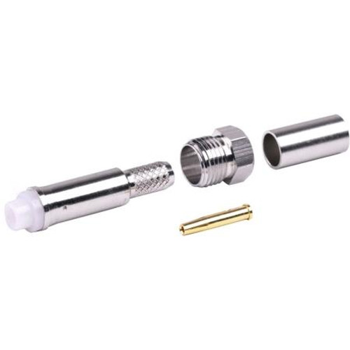 RF INDUSTRIES FME female connector for RG58/U, RG58A/U, RG141 and Ultralink cable. Nickel plated body, gold pin. Crimp center pin, crimp on braid.