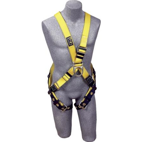 DBI/SALA Cross Over Style Harness. Adjustable front D-ring, back D-ring and pass thru buckle leg straps. Universal size. Polyester webbing construction.