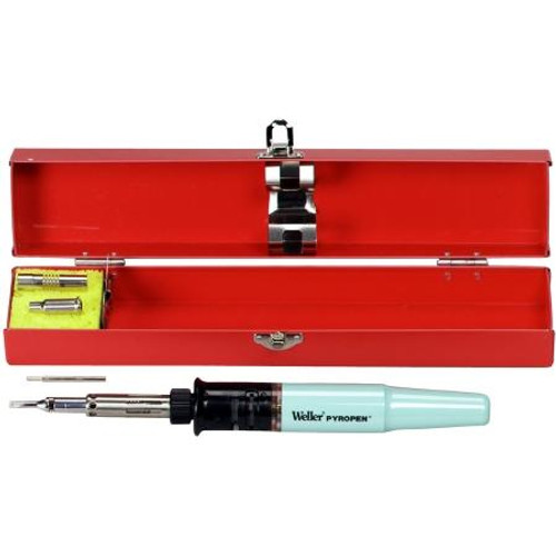 WELLER Pyropen cordless butane soldering iron KIT. Contains hot air tip, torch ejector, spanner, tool support clip, sponge & case. Ignite with lighter or ma