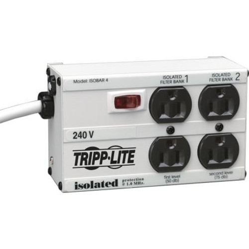 TRIPP LITE 4 output AC line filter. Provides spike protection and high freq. noise suppression.Multiple filter design isol. 4 duplex outlets. Input 220 VAC.