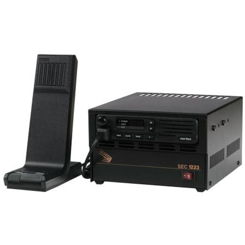 SAMLEX switching power supply with radio cover for Vertex VX-2000/2500 and VX-3000/3200. 120/240 VAC input. UL approved. 23A continuous, 25A intermitte