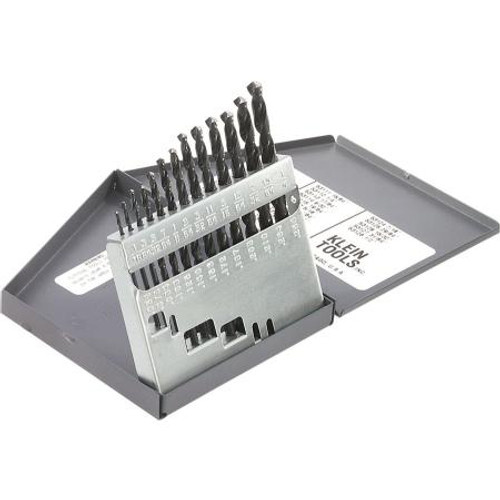 KLEIN 13 pc. reg point drill bit set. Consists of 13 black oxide finished , jobber-length drill bits. Sizes 1/16" to 1/4" by 64ths. Metal box