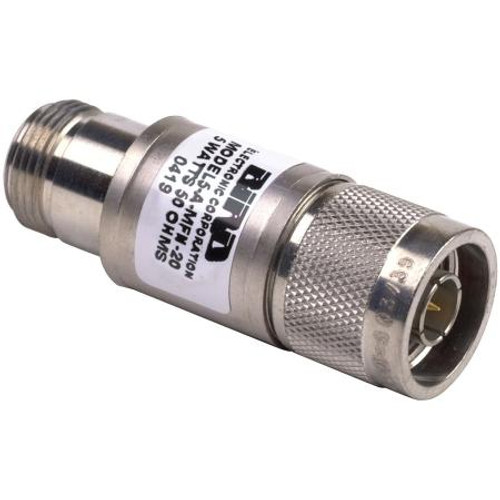 BIRD RF coaxial attenuator. 5 watts, 20dB nominal attenuation. N male input and N female output connectors. .