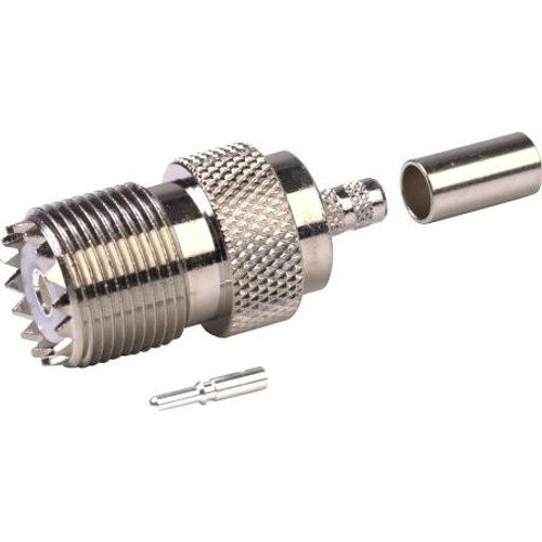 RF INDUSTRIES UHF female connector for RG58 cables. Nickle plated body, silver plated center pin. Crimp center pin and ferrule.