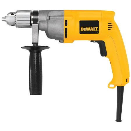 DEWALT 1/2" Variable Speed Reversible Electric Drill: 0-600 rpm high torque; 7.8A motor; Die cast metal gear housing; 360deg side handle.
