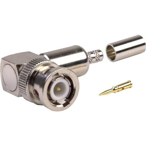 RF INDUSTRIES BNC male right angle connector for RG58/U and Ultralink cable. Nickel plated body, gold pin. Crimp center pin, crimp on braid.