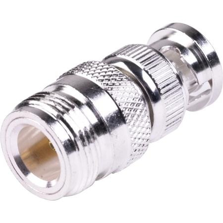 RF INDUSTRIES N female to BNC male adapter. Silver plated body, gold plated contacts. .
