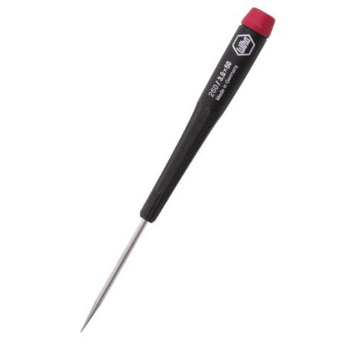 WIHA precision screwdriver. High chrome vanadium steel blade. Rotating cap in tapered plastic handle. Slotted blade 3.0 x 60mm (1/8").