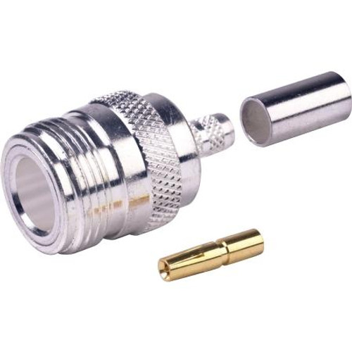 RF INDUSTRIES N female connector for RG58/U, RG58A/U, RG141 and Ultralink cable. Silver plated body, gold pin. .100 center pin can be crimped or solder