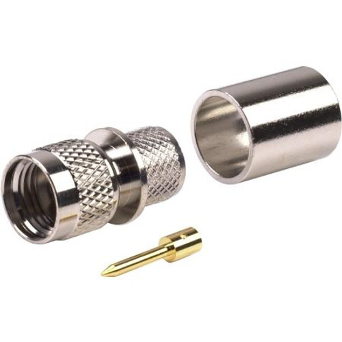 TIMES Mini-UHF male connector for 3/8" LMR400 coaxial cable. Solder center pin, crimp on ferrule. Nickle plated body, gold plated pin.