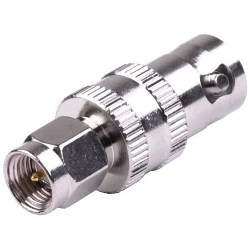 RF INDUSTRIES SMA male to BNC female straight adapter. Nickle plated body, gold plated contacts. .