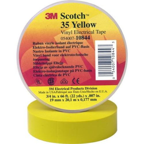 3M Scotch vinyl tape for color coding. Resists UV, use indoors or outdoors where weather protected.Flame retardant. Yellow. 3/4" x 66'.