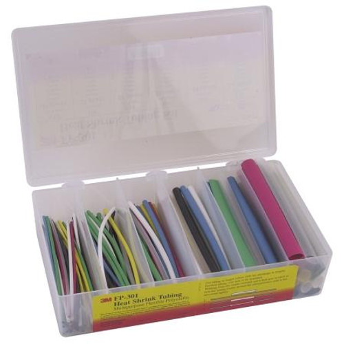 3M Heat Shrink Kit 250 deg. F. shrinks Polyolefin tubing to 50% of its size. 6 sizes from 3/32 to 1/2". 133 assorted pieces in 6" lengths. 7 COLORS.