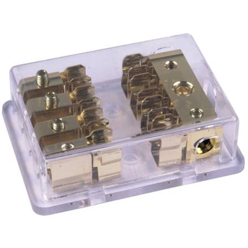 TYPHOON Gold plated AGU fuse block. Clear acrylic cover. Accepts up to 3 4ga cables in, 4 8ga cables out. Snap on cover. Use with AGU fuse. Gold plating.