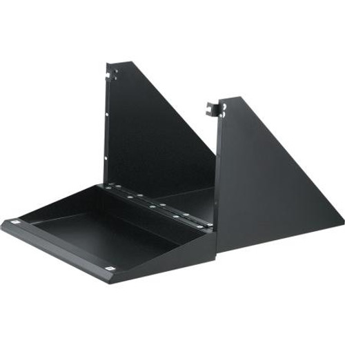BUD INDUSTRIES monitor shelf with fold- up keyboard shelf. Attaches to single pair of mounting rails. 19" rack mount. MOvable mouse pad. Black finish.