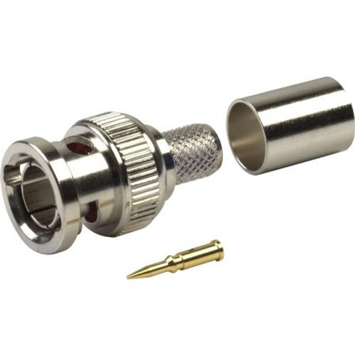 RF INDUSTRIES BNC male connector for the Belden 8281 cable. 75 Ohm, Nickel body, gold silver pin. Crimp-on. .