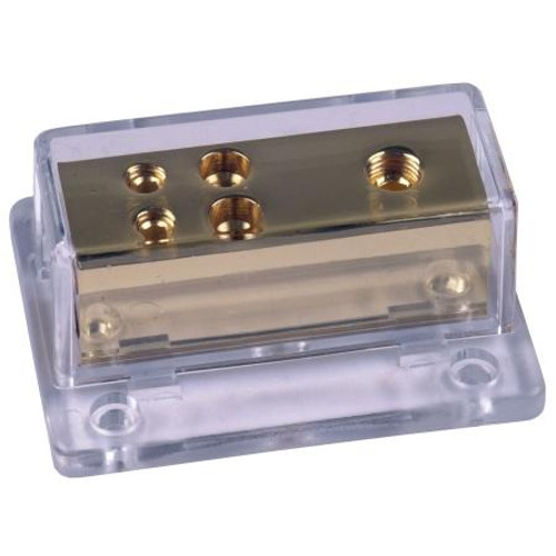 TYPHOON Gold plated power distribution block. Clear acrylic cover. One 4-8ga cable in, four 8-12ga cables out. Show quality.