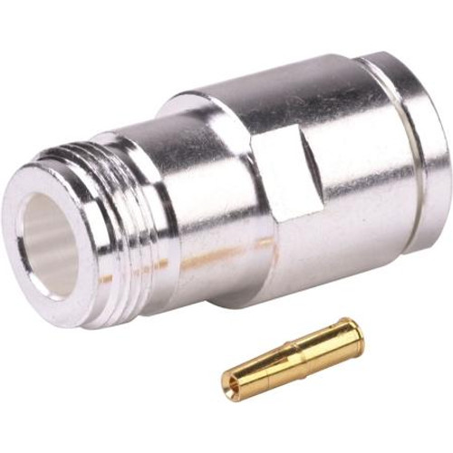 RF INDUSTRIES N female connector for RG8/U, RG8A/U and RG213 cables. Silver plated body and gold center pin. Solder center pin, clamp on braid.