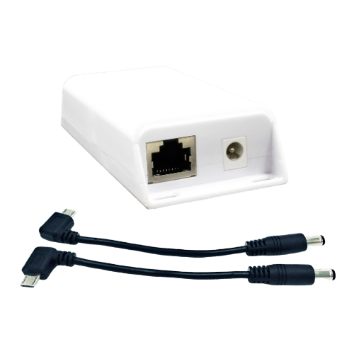 Gigabit Inline PoE (802.3af) Splitter/Converter for 5 Volt 20 Watt Devices with Right and Left Angle MircoUSB Cables