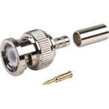 RF INDUSTRIES BNC male connector for RG58, RG58A/U, RG141 & Ultralink mobile cable. Nickle plated body, gold pin. Crimp center pin, crimp on braid.