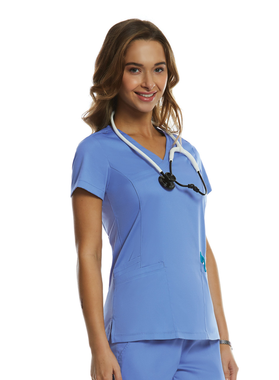 Women's Mock Wrap Solid Scrub Top & Flare Leg Drawstring Scrub Pant Set