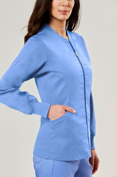 Women's Edge 2811 Zip Front Scrub Jacket by IRG in Ciel - Ribbed Collar and Knit Side Panels - Scrub Identity